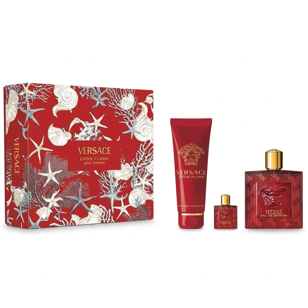 Estuche Versace Eros Flame Hombre 3 pzs 100ml EDP + 5ml EDP + Gel de baño