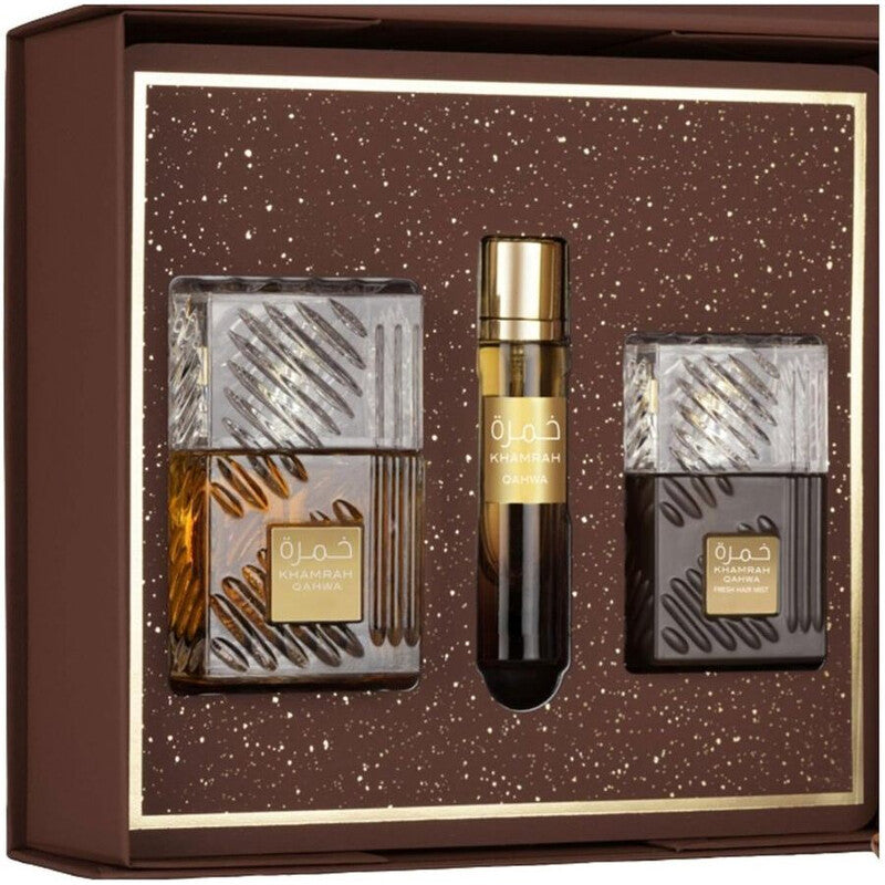 Estuche Lattafa Khamrah Qahwa 3Pzs Fragancia 100Ml EDP Spray/ Hair Mist 50Ml Spray/ 12Ml EDP Spray